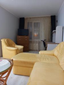 基希讷乌Ultracentral Armeneasca street Chisinau的客厅配有两张黄色的沙发和一张桌子