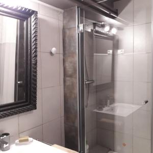 马赛LE LOGIS DU PALAIS的带淋浴、盥洗盆和镜子的浴室
