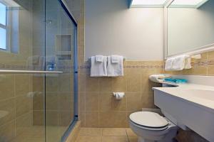 维洛海滩The Islander Inn的带淋浴、卫生间和盥洗盆的浴室