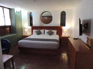 圣路易斯波托西Hotel Casa Tequis San Luis Potosi的一间卧室配有一张大床和镜子