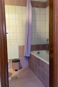科斯镇伊斯伯利斯公寓式酒店的浴室设有紫色的浴帘、浴缸和卫生间