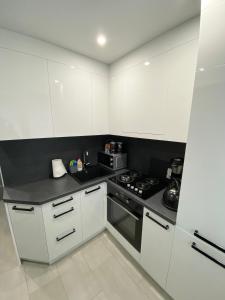 帕内韦日斯Studio flat in Panevezys的厨房配有白色橱柜和炉灶烤箱。