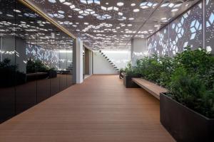 罗德镇Essence Suites Downtown Suites - Adults Only的带有盆栽植物的办公室走廊