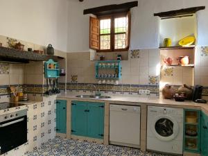 弗里希利亚纳Villa Jardin piscina climatizada的厨房配有蓝色橱柜和洗衣机。