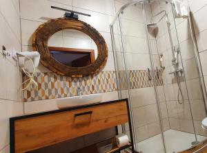FrysztakPod Herbami的一间带水槽、镜子和淋浴的浴室