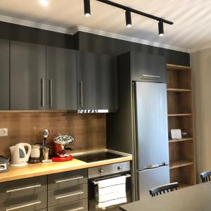亚历山德鲁波利斯Stamatina’s Luxury Apartments (central)的厨房配有黑色橱柜和不锈钢冰箱