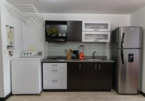 马尼萨莱斯Milán, Acogedor apto en Zona Rosa con Balcón的厨房配有不锈钢冰箱和水槽
