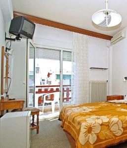 帕拉利亚卡泰里尼斯Hotel Helios的一间卧室配有一张床、一台电视和一个阳台