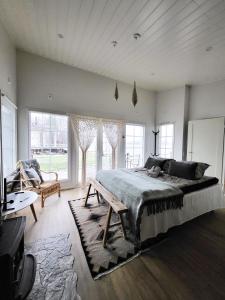 奥卢Lakehouse Oulu的一间卧室配有一张床、一张沙发和窗户。