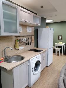 下诺夫哥罗德Ilyinskiy Hostel的厨房配有水槽和洗衣机