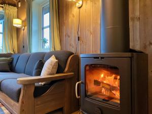 特吕西尔特吕西尔黑特格兰德山林小屋的客厅设有壁炉和沙发。