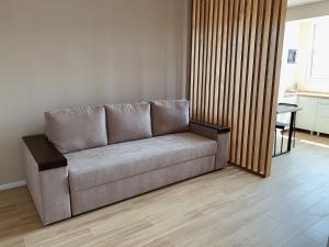 切尔卡瑟Апартаменты на Гагарина的客厅配有一张沙发,设有一张桌子