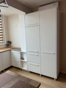切尔卡瑟Апартаменты на Гагарина的白色的大衣柜,配有白色抽屉和橱柜