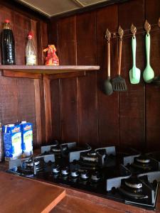 阿廷斯Kite Point Atins的厨房配有炉灶和木墙