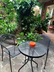 圣萨尔瓦多拉珀萨达德尔安吉酒店的两把椅子和一张桌子,上面放着橙子碗