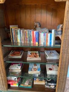 圣萨尔瓦多拉珀萨达德尔安吉酒店的书架上装满了书籍和杂志
