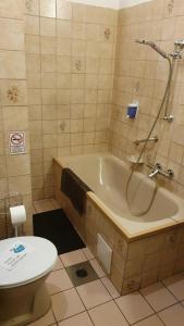 布达佩斯"hotel30" ROOMS in the centrum -free garage parking的带浴缸和卫生间的浴室。