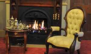 双水域布里布里河滨假日旅馆的客厅设有壁炉、椅子和桌子