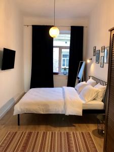 利沃夫Park apartment in the heart of the city的一间卧室配有一张带白色床单的床和一扇窗户。