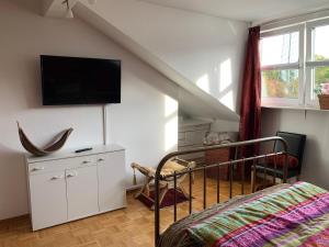 杜塞尔多夫大学安静公寓的卧室配有一张床,墙上配有电视。