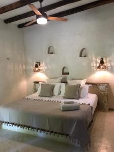ChemuyilVerdeAmar Eco Lodge Jungle Retreat的一间卧室配有一张大床和吊扇