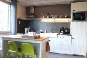 巴德哥依斯恩哈奈特尔公寓酒店的厨房配有绿色椅子和厨房柜台