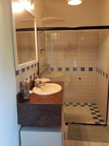 阿拉亚尔达茹达Ouro Sobre Azul Apart Hotel的一间带水槽和淋浴的浴室