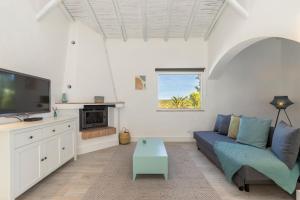Mexilhoeira GrandePalmeiras Cottages的客厅配有蓝色的沙发和电视
