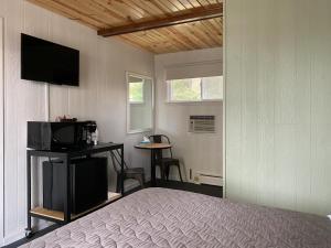 AlgomaThe River Hills Motel - Algoma, WI - Near Door County的一间卧室配有一张床、一台电视和一张桌子