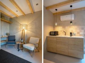 斯塔普霍斯特Bed & Wijn - Suite 1的带椅子和桌子的厨房的两张照片