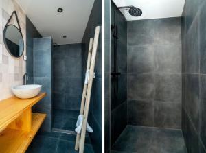 斯塔普霍斯特Bed & Wijn - Suite 1的带淋浴和盥洗盆的浴室