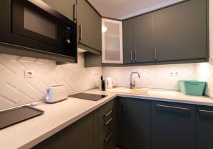 福纽德Balatoni Apartman的厨房配有黑色橱柜和水槽