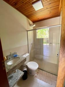 德尔菲诺波利斯Casa em Área Rural - Delfinópolis的浴室配有卫生间、盥洗盆和淋浴。