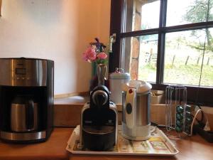 AltlassingWohnstudio in umgebauter Scheune的厨房柜台配有咖啡壶和搅拌机