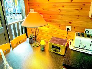 布雷马Braemar Lodge Cabins的桌子、台灯、烤面包机和收音机