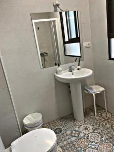格拉纳达Barbieri Granada Pensión的一间带水槽、卫生间和镜子的浴室