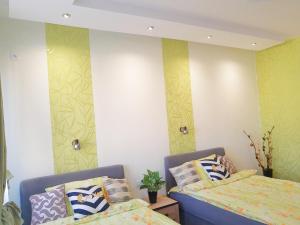 贝尔格莱德Kalemegra的两张床位于带绿色和白色墙壁的客房