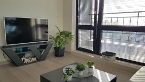 瓦尔纳Azzurro-Top floor apartment in quiet neighborhood, Free private parking的客厅配有平面电视和2扇窗户。