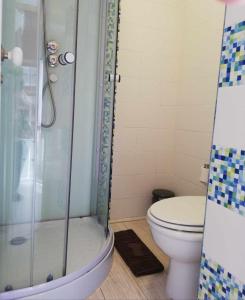 塞沙尔Legendary Bay Apartamento Temático的一间带卫生间和玻璃淋浴间的浴室