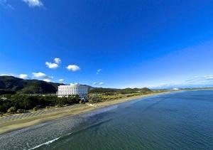 宫崎宫崎ANA假日酒店的享有海滩、建筑和大海的景色