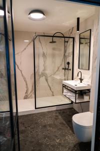 德帕内鸢尾花酒店的带淋浴、卫生间和盥洗盆的浴室