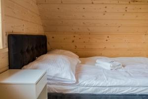 FalsztynDomki Falsztyn的木制客房内的一张床位,配有两个白色枕头