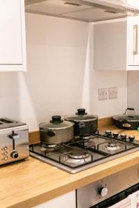 萨顿因阿什菲尔德Sutton House的厨房配有带2个锅的炉灶