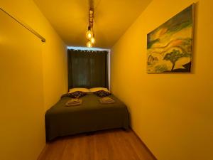 格拉茨Zentrum & Parkmöglichkeit Apartment的卧室设有一张黄色墙壁上的绿色床