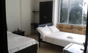 约帕尔Hotel Canacabare Plaza的配有窗户和床衬的客房内的两张床