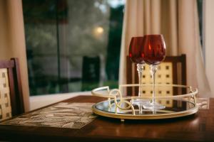 南克鲁兹罗Hotel SPA Paraíso的托盘上带两杯葡萄酒的桌子