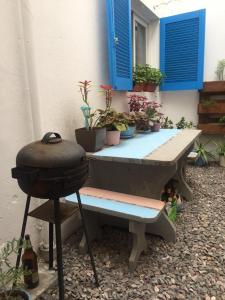 蒙得维的亚Fluida - Pocitos的配有烧烤架和盆栽植物的野餐桌