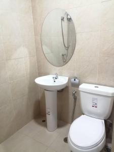 梭桃邑มุก&พลอย เรสซิเดนซ์的一间带卫生间、水槽和镜子的浴室