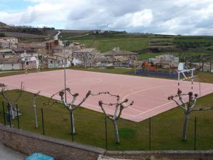 ArrónizArkupe Etxea的一座位于城镇前方的带树木的网球场