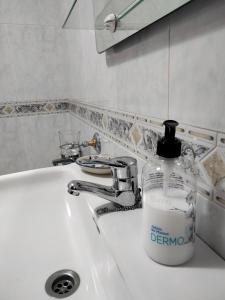 格罗韦Apartamento en Terra do Porto con vistas的浴室水槽上放一瓶洗涤剂